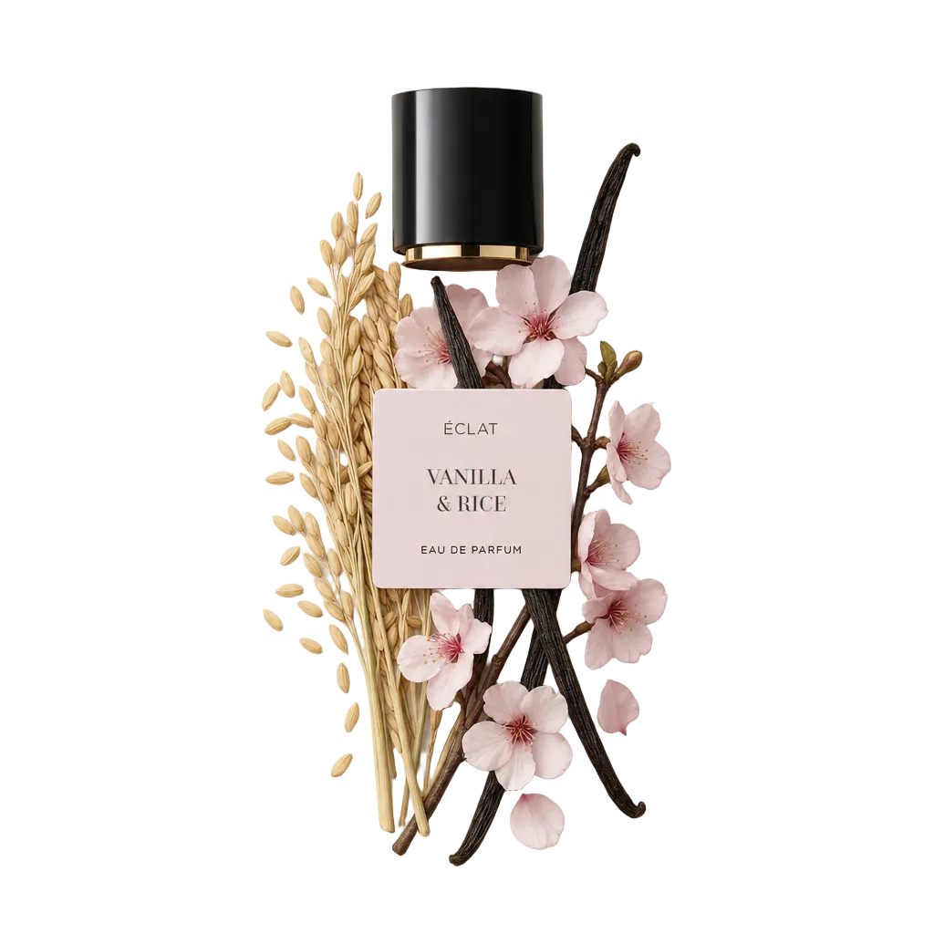 Kunstvoll arrangierte Reisgranen, Vanilleschoten und zarte rosa Blüten umrahmen eine schwarze Kappe mit dem ÉCLAT Vanilla & Rice Etikett.