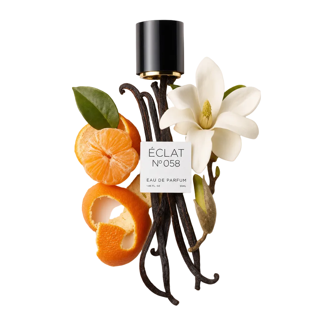 Ein Arrangement aus Vanilleschoten, einer geschälten Mandarine und einer Magnolienblüte mit einer schwarzen Kappe, die das ÉCLAT Vanilla & Tangerine Etikett trägt.