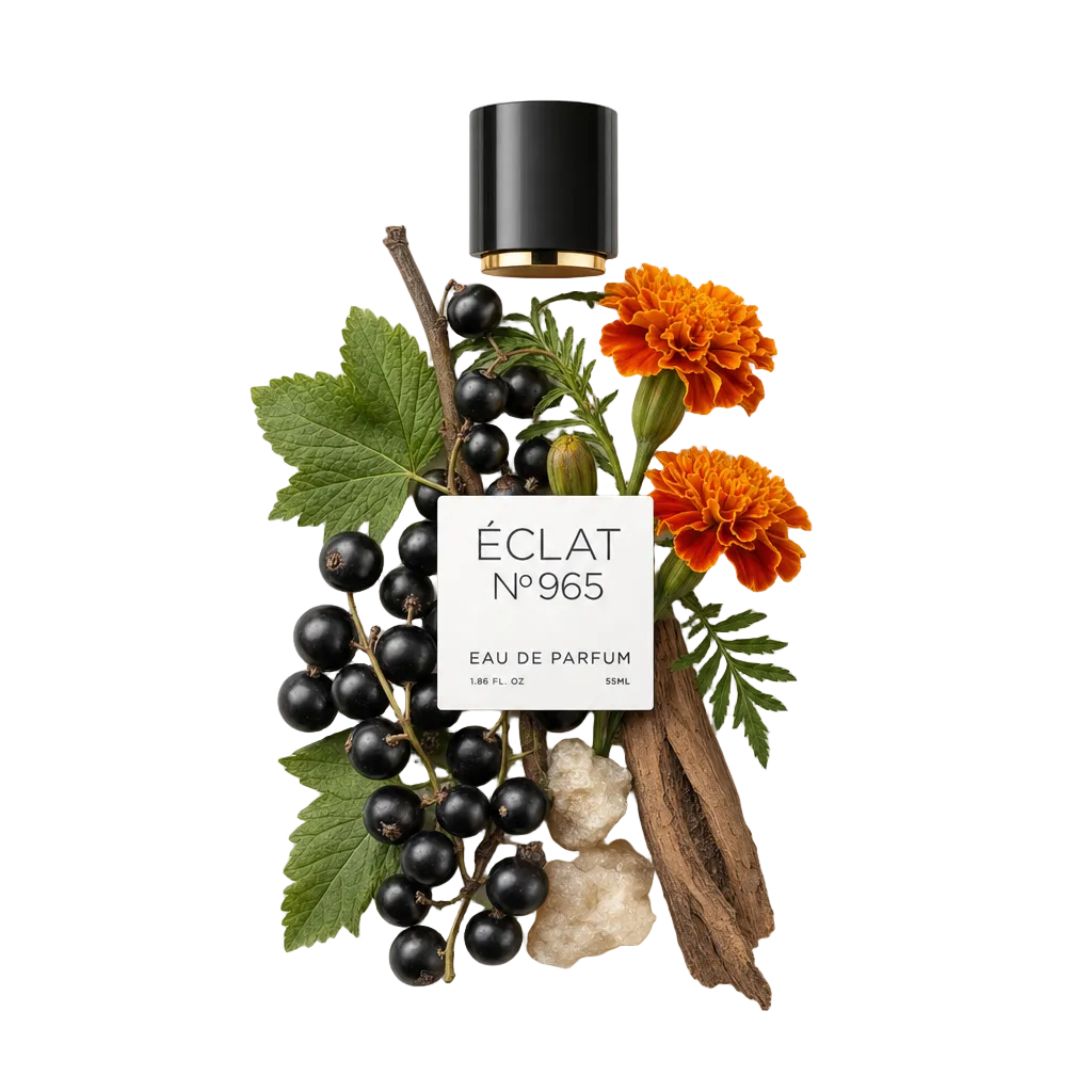 Ein Arrangement aus schwarzen Johannisbeeren, Tagetesblüten und Vetiverwurzel umgibt eine schwarze Kappe mit Etikett, das ÉCLAT Vetiver & Tagetes repräsentiert.