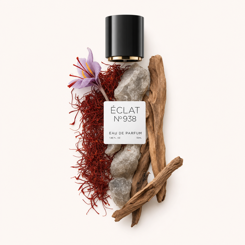 Ein Arrangement aus Safranfäden, einer violetten Krokusblüte, rauen Steinen und Treibholzteilen um die schwarze ÉCLAT-Kappe mit Etikett.