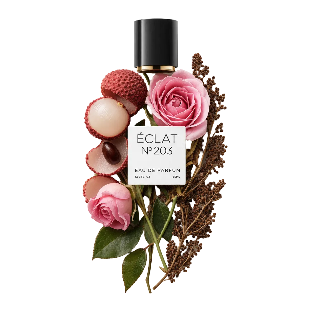 Ein Arrangement aus Litschis, rosa Rosen und braunen Samen umgibt die originale schwarze ÉCLAT-Verschlusskappe mit Etikett.