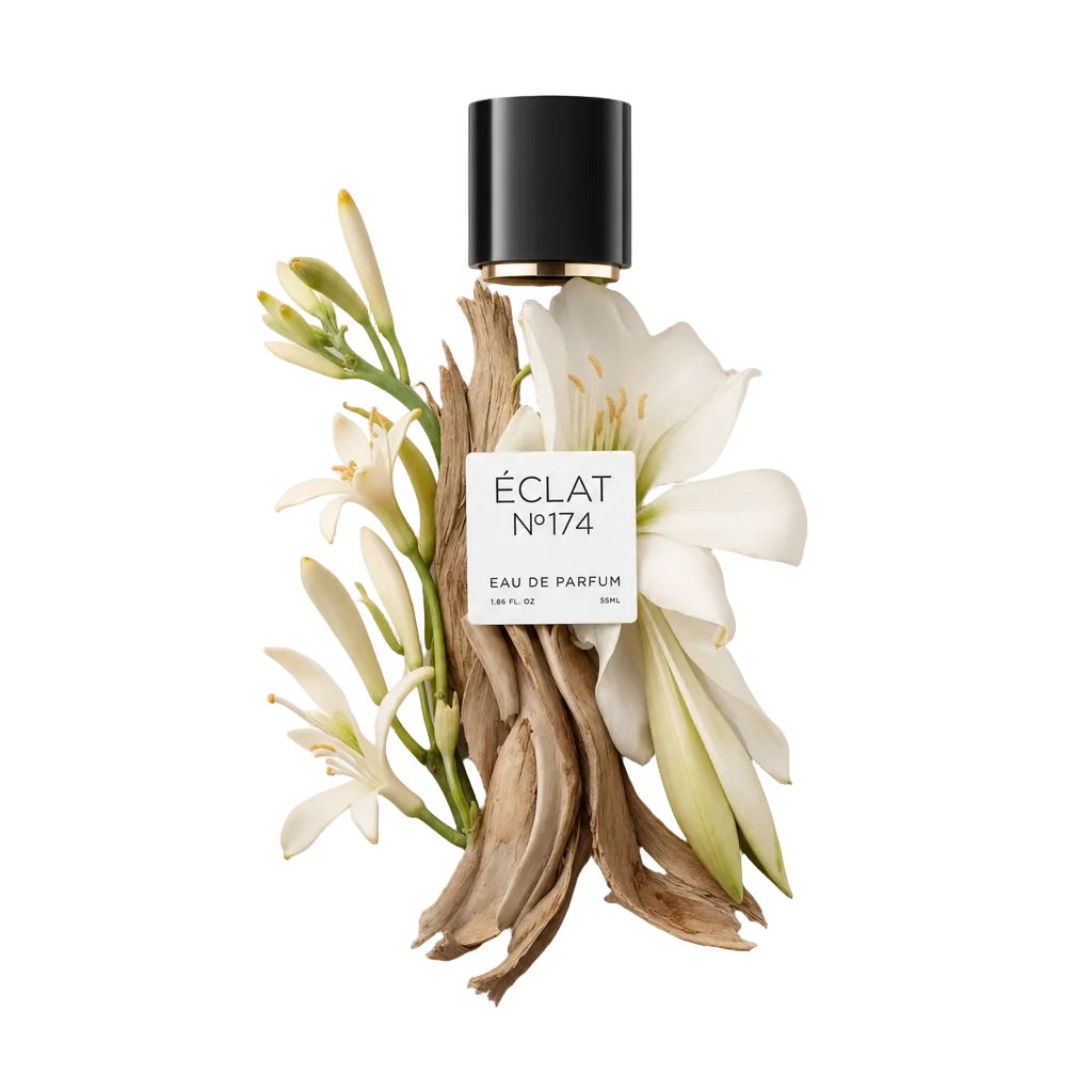 Ein Arrangement aus weißen Amaryllis- und Seerosenblüten mit Treibholzstücken umgibt eine schwarze Kappe mit Etikett für ÉCLAT White Amaryllis & Water Lily.