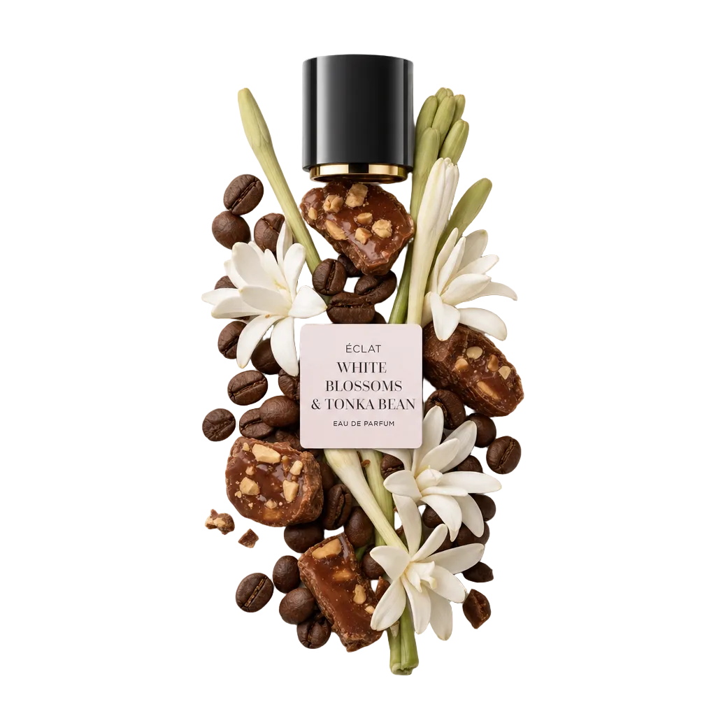 Ein Arrangement aus weißen Blüten, Kaffeebohnen und karamellfarbenen Süßigkeiten umrahmt eine schwarze Verschlusskappe mit dem Etikett ÉCLAT White Blossoms & Tonka Bean.
