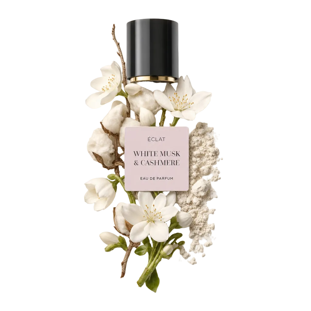 Ein Arrangement aus zarten weißen Blüten, Baumwollkapseln und feinem Puder umrahmt das ÉCLAT White Musk & Cashmere Etikett unter einer schwarzen Kappe mit goldfarbenem Akzent.