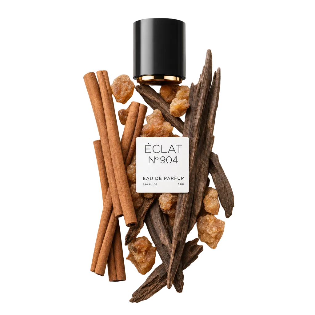 Ein Arrangement aus Zimtstangen, Benzoinharz-Clustern und dunklen Holzstücken um eine schwarze Kappe mit goldfarbenem Akzent, etikettiert mit ÉCLAT 904 VIP.
