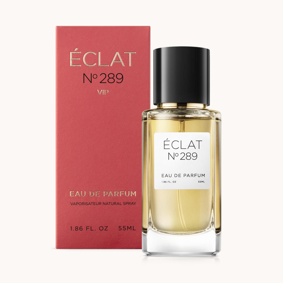 Glasflakon von ÉCLAT VIP Woody Blackcurrant mit schwarzer Kappe, begleitet von einer roten Box.