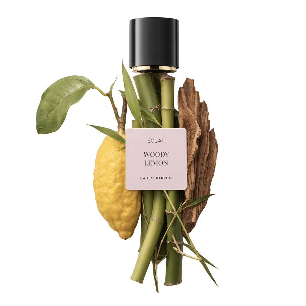 Ein Arrangement aus Bambus, einer Zitrone mit Blättern und Holzstücken um die originale schwarze Verschlusskappe mit Etikett von ÉCLAT Woody Lemon.
