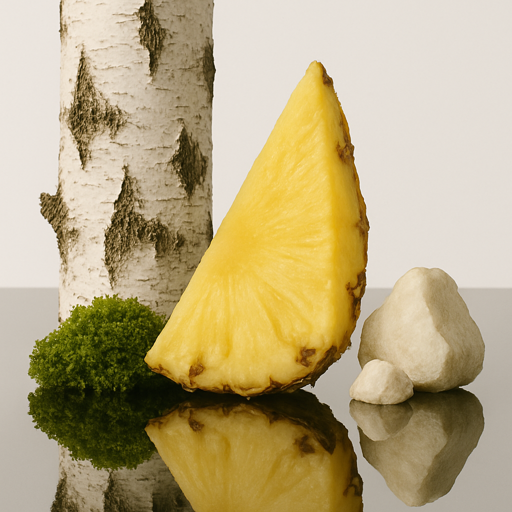 Ein Stück Ananas neben Baumrinde mit grünem Moos und weißen Steinen auf einer reflektierenden Fläche.