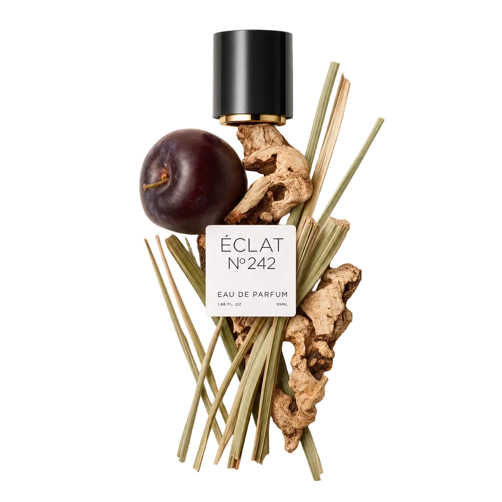 Ein Arrangement aus getrockneten Holzteilen, Zitronengrasstängeln und einer reifen Pflaume veranschaulicht die Noten von ÉCLAT Woody Plum. Oben liegt eine schwarze Kappe mit Etikett.