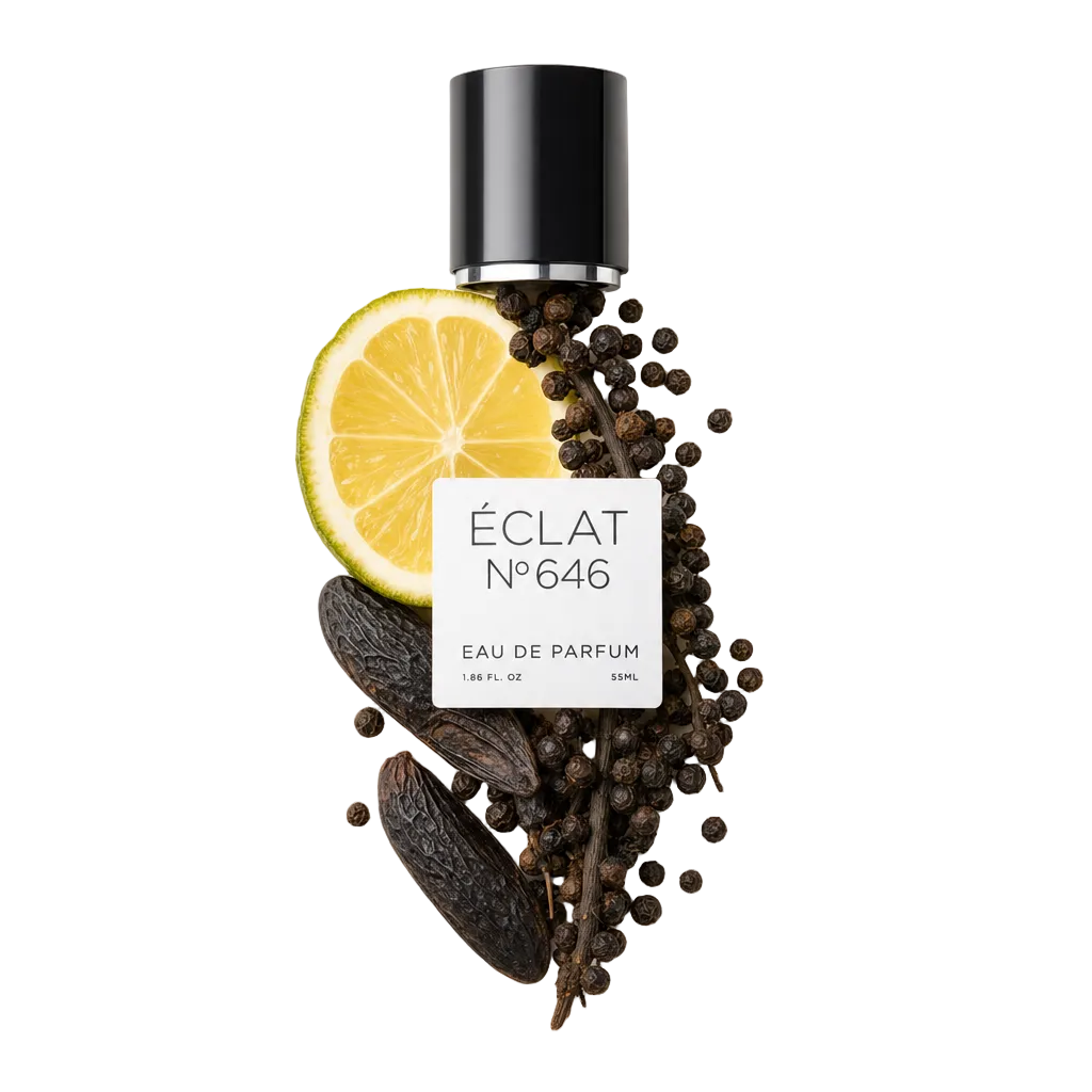 Eine Komposition aus Zitronenscheibe, Tonkabohnen und Pfefferkörnern umgibt die schwarze Kappe mit einem Etikett von ÉCLAT Woody Tonka Bean.