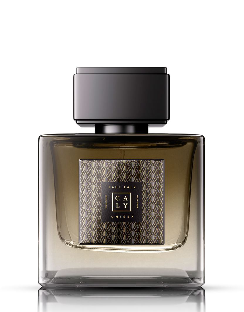 Flacon of the Paul Caly unisex fragrance with a square, smoky glass bottle, black cap, and a geometrically patterned label in brown and gold.