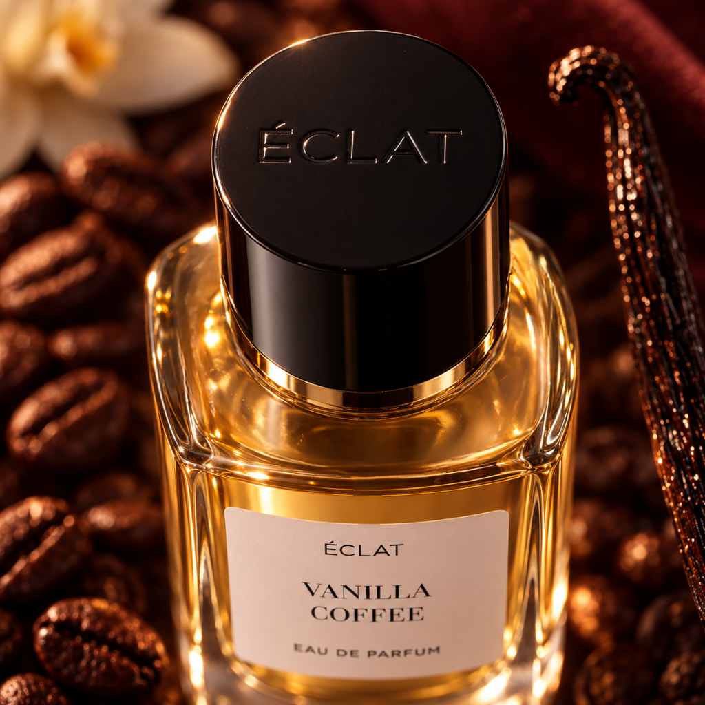Facettierter Glasflakon von ÉCLAT Vanilla Coffee mit schwarzer Kappe, umgeben von Kaffeebohnen und Vanilleschoten.