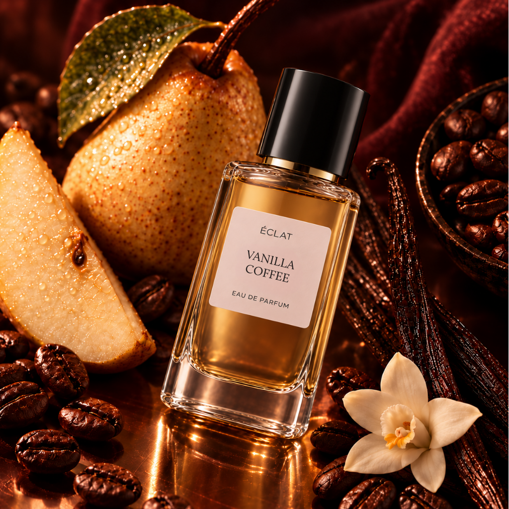 Glasflakon von ÉCLAT Vanilla Coffee mit schwarzer Kappe, umgeben von einer Birne, Kaffeebohnen, Vanilleschoten und einer Vanilleblüte auf einer Kupferoberfläche.