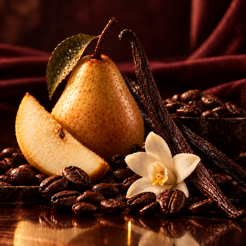Eine reife Birne und ein Stück, umgeben von aromatischen Kaffeebohnen und Vanilleschoten, mit einer eleganten Vanilleblüte im Vordergrund.