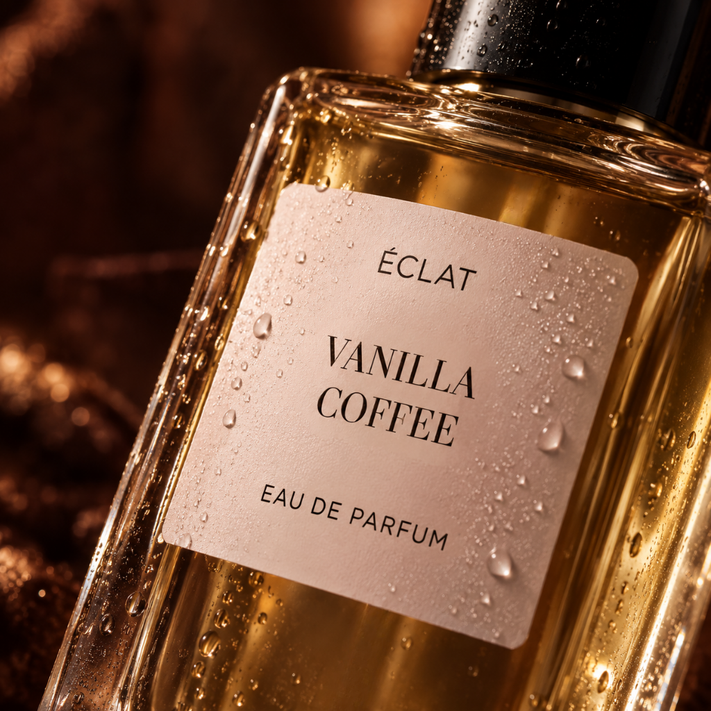 Facettierter Glasflakon von ÉCLAT Vanilla Coffee mit glänzend schwarzem Verschluss und strukturiertem Etikett, verziert mit Tropfen.
