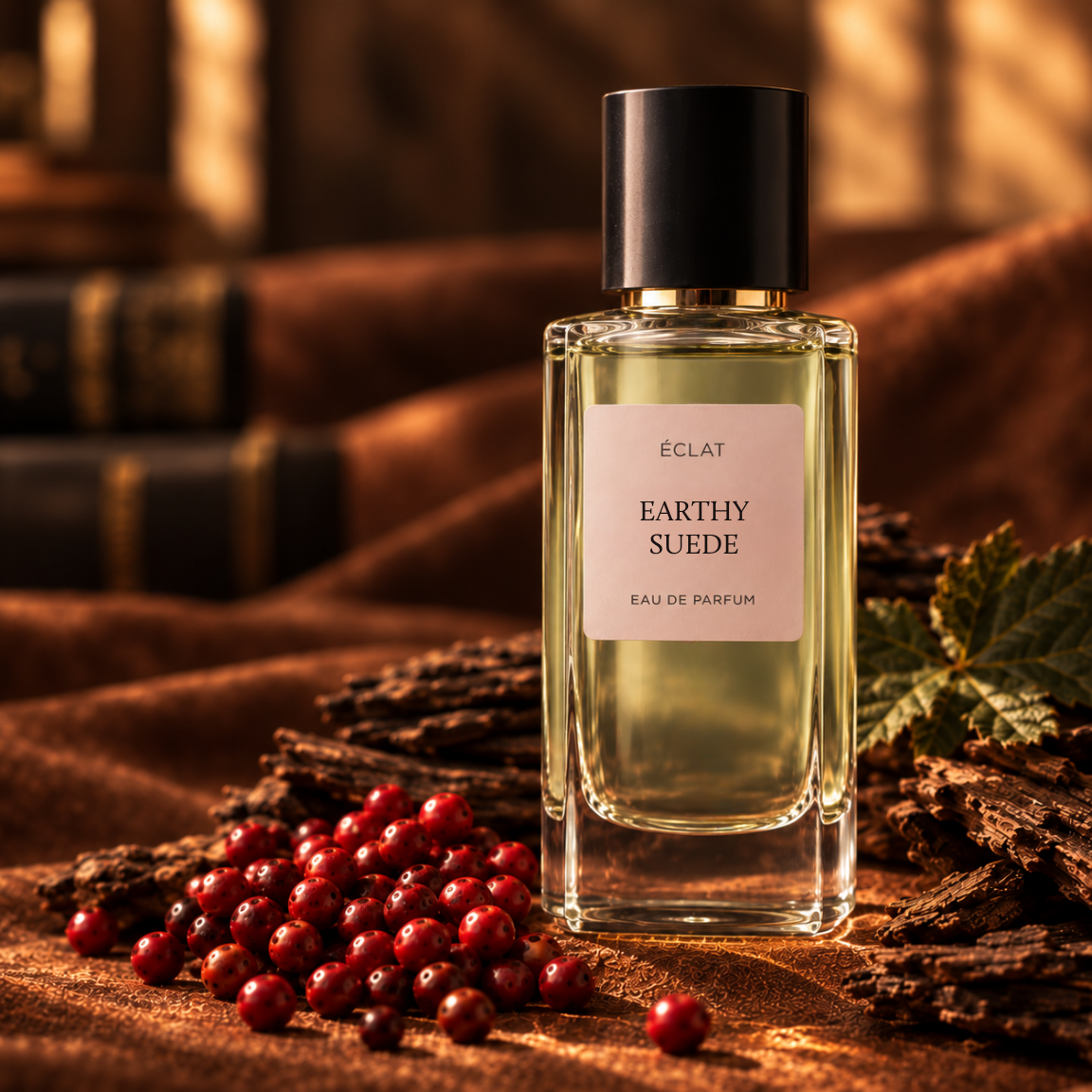 ÉCLAT Earthy Suede Parfümflakon mit facettiertem Glasdesign und schwarzer Kappe, umgeben von Beeren und Blättern auf einem strukturierten Hintergrund.