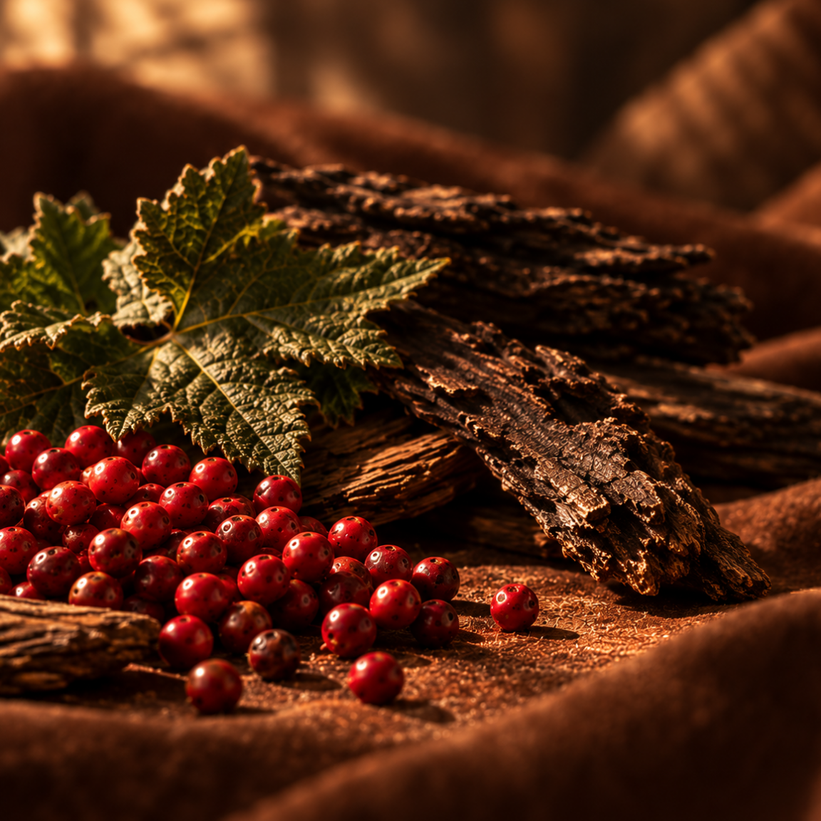 Ein Arrangement aus roten Beeren, getrockneter Rinde und einem grünen Blatt auf einer braunen Stoffoberfläche, das die Essenz von ÉCLAT Earthy Suede heraufbeschwört.
