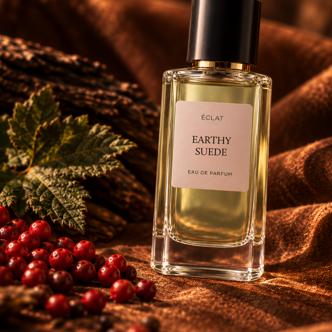 Facettierter Glasflakon von ÉCLAT Earthy Suede mit schwarzer Kappe, umgeben von roten Beeren und grünen Blättern auf braunem Stoff.