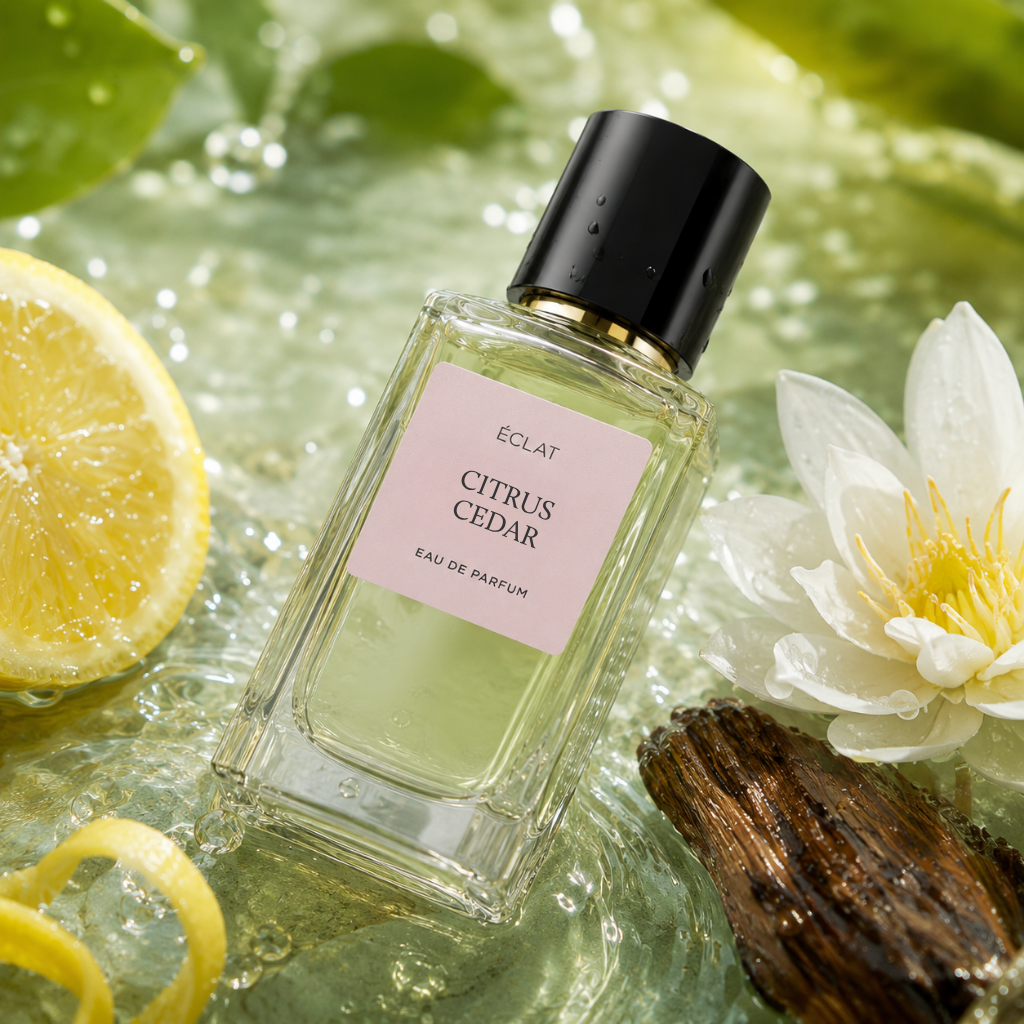 Facettierter Glasflakon von ÉCLAT Citrus Cedar mit schwarzem Verschluss, umgeben von frischer Zitrone, weißer Blume und Holz auf welligem Wasser.