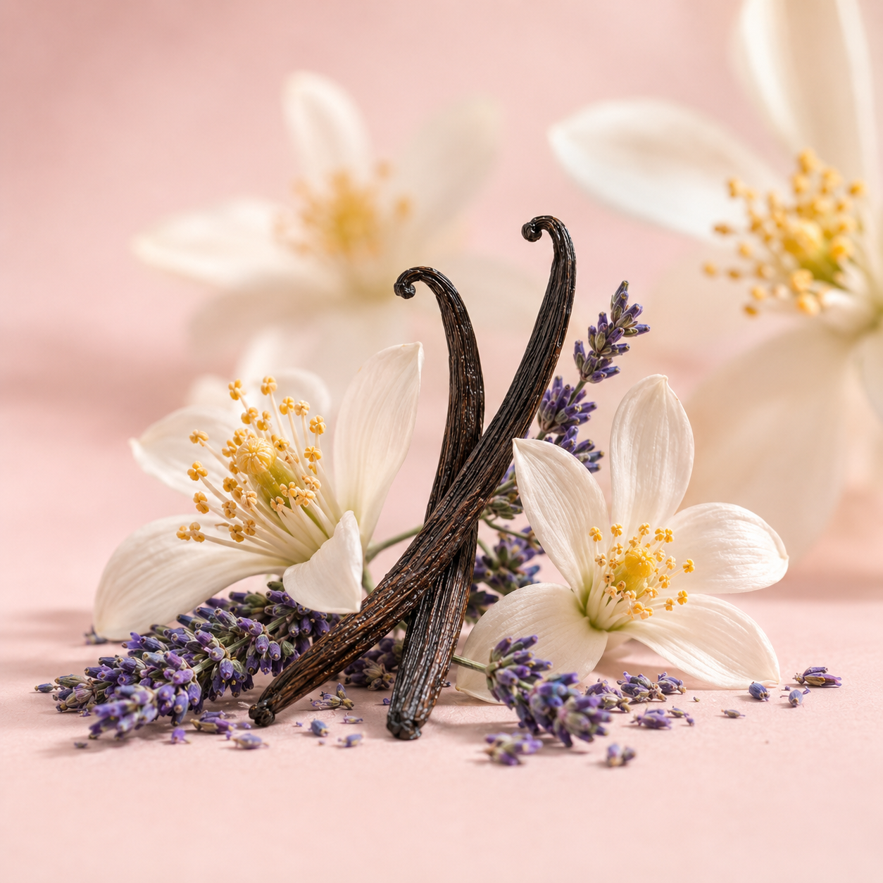 Zarte Orangenblüten und Lavendelzweige, kunstvoll verflochten, vor einem weichen rosa Hintergrund personifizieren ÉCLAT Orange Blossom & Lavender.