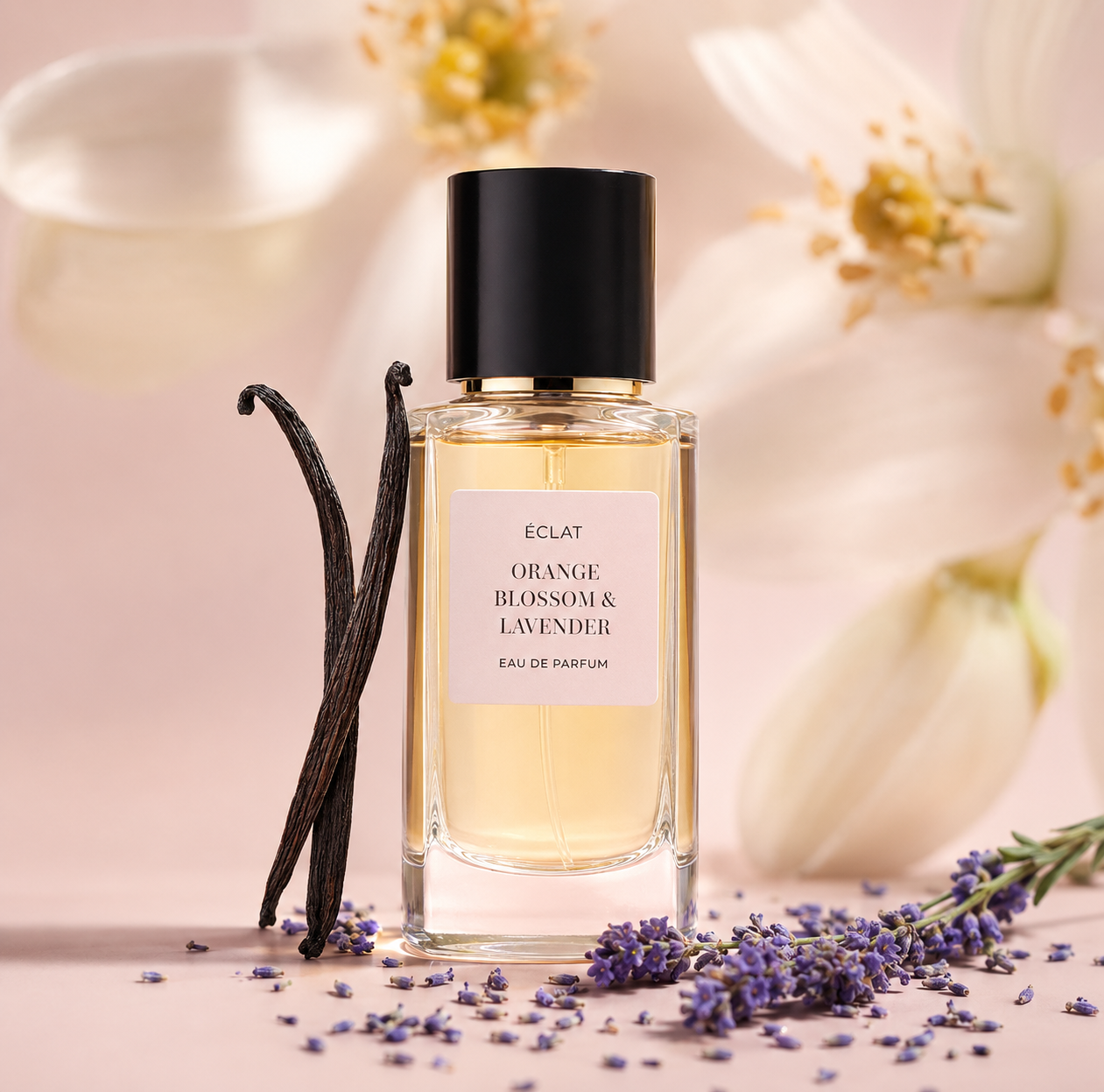 Eleganter Glasflakon von ÉCLAT Orange Blossom & Lavender, umgeben von Vanilleschoten und Lavendel auf weichem rosa Hintergrund.
