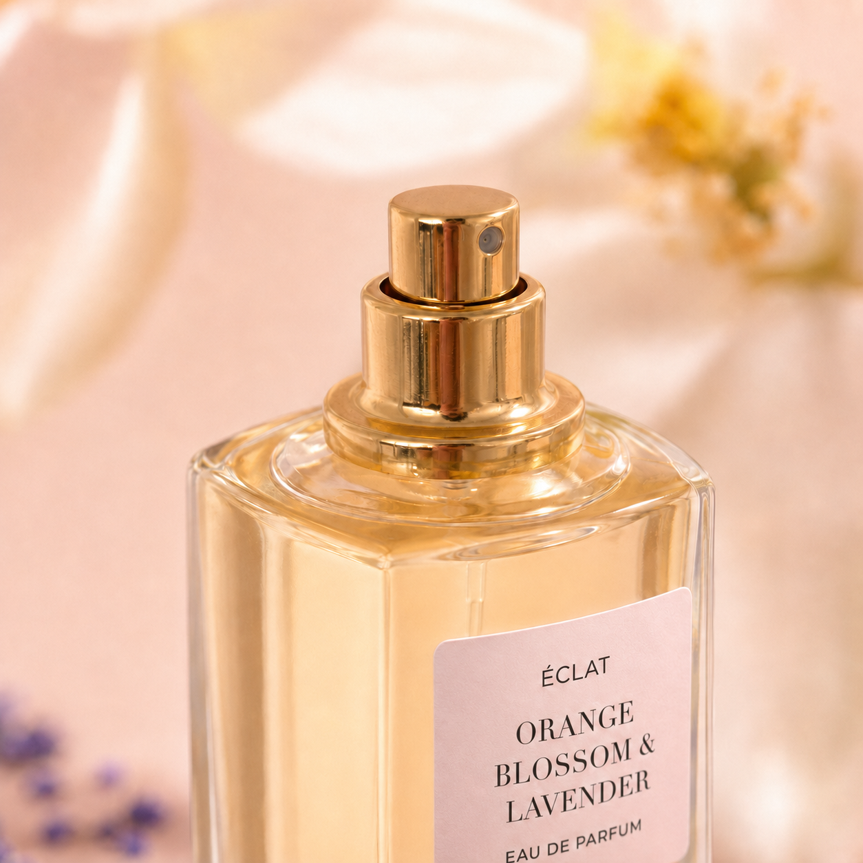 Facettierter Glasflakon von ÉCLAT Orange Blossom & Lavender mit goldfarbener Sprühdüse vor sanftem Blumenhintergrund.