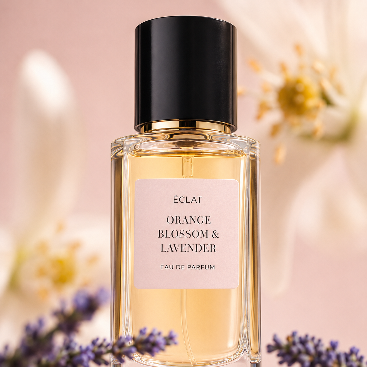 Facettierter Glasflakon von ÉCLAT Orange Blossom & Lavender mit eleganter schwarzer Kappe, umgeben von Lavendel und Blumenelementen.