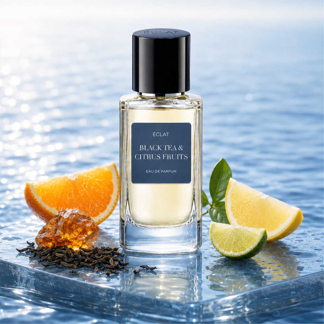 Erlesener Glasflakon von ÉCLAT Black Tea & Citrus Fruits mit dunklem Verschluss, umgeben von Zitrusscheiben, Bernstein und Teeblättern vor ruhigem Wasserhintergrund.