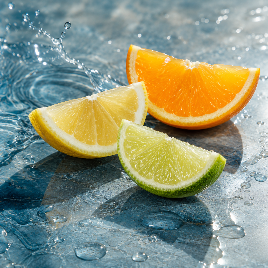 Scheiben von Orange, Zitrone und Limette auf einer strukturierten Oberfläche mit Wassertropfen, die die Essenz von ÉCLAT Black Tea & Citrus Fruits einfangen.