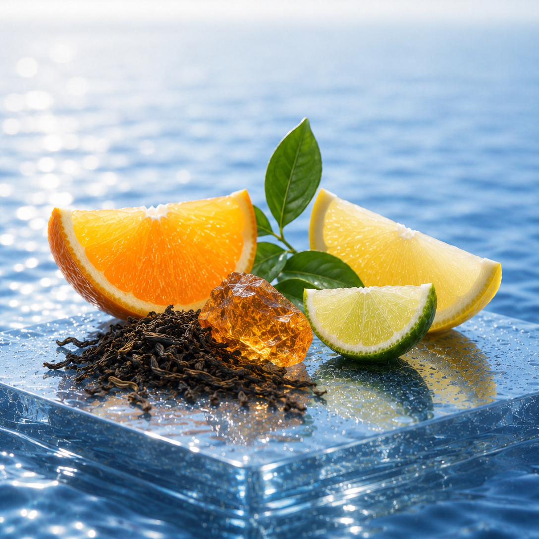 Orangen-, Zitronen- und Limettenscheiben mit Schwarzteeblättern auf einer Glasfläche mit Meereskulisse für ÉCLAT Black Tea & Citrus Fruits.