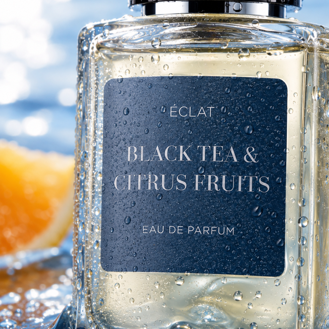 Facettierter Glasflakon von ÉCLAT Black Tea & Citrus Fruits mit dunkelblauem Etikett, benetzt mit Wassertropfen, neben einer Orangenscheibe.