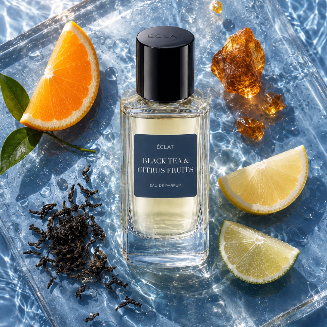 Ein facettierter Glasflakon von ÉCLAT Black Tea & Citrus Fruits mit schwarzer Kappe, umgeben von Orangen- und Zitronenscheiben, Teeblättern und Bernsteinharz auf einer wässrigen Oberfläche.