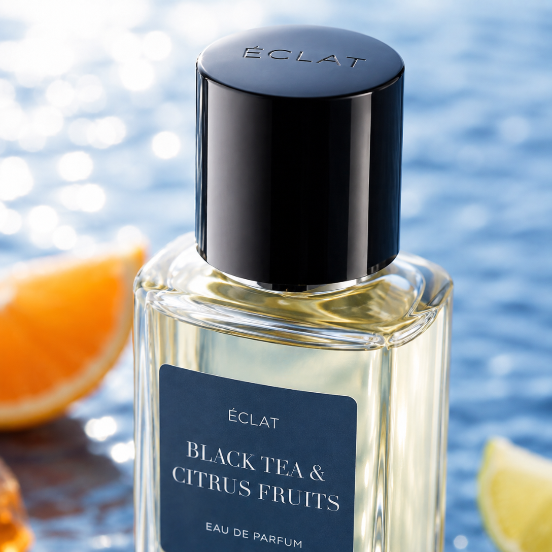 ÉCLAT Black Tea & Citrus Fruits in einem facettierten Glasflakon mit elegantem schwarzen Verschluss, vor unscharfem Hintergrund mit Wasser und Zitrusscheiben.