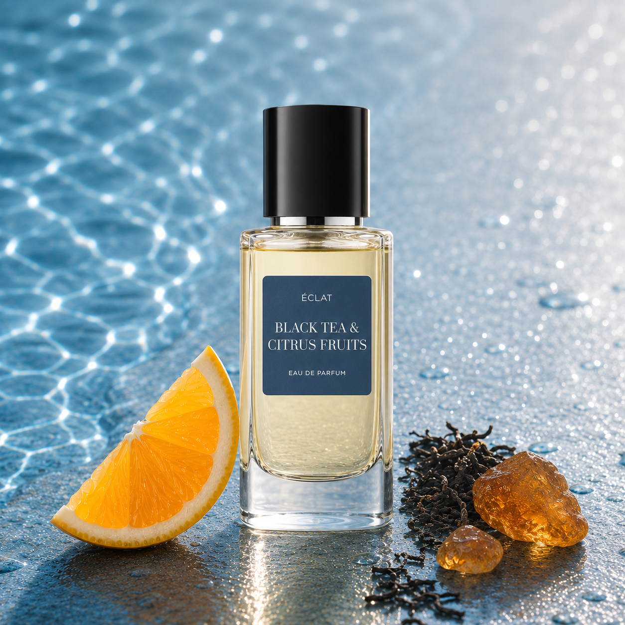 Ein facettierter Glasflakon des ÉCLAT Black Tea & Citrus Fruits Parfüms mit schwarzer Kappe, neben einer Orangenscheibe, Schwarzteeblättern und Bernsteinharz auf funkelndem blauem Hintergrund.