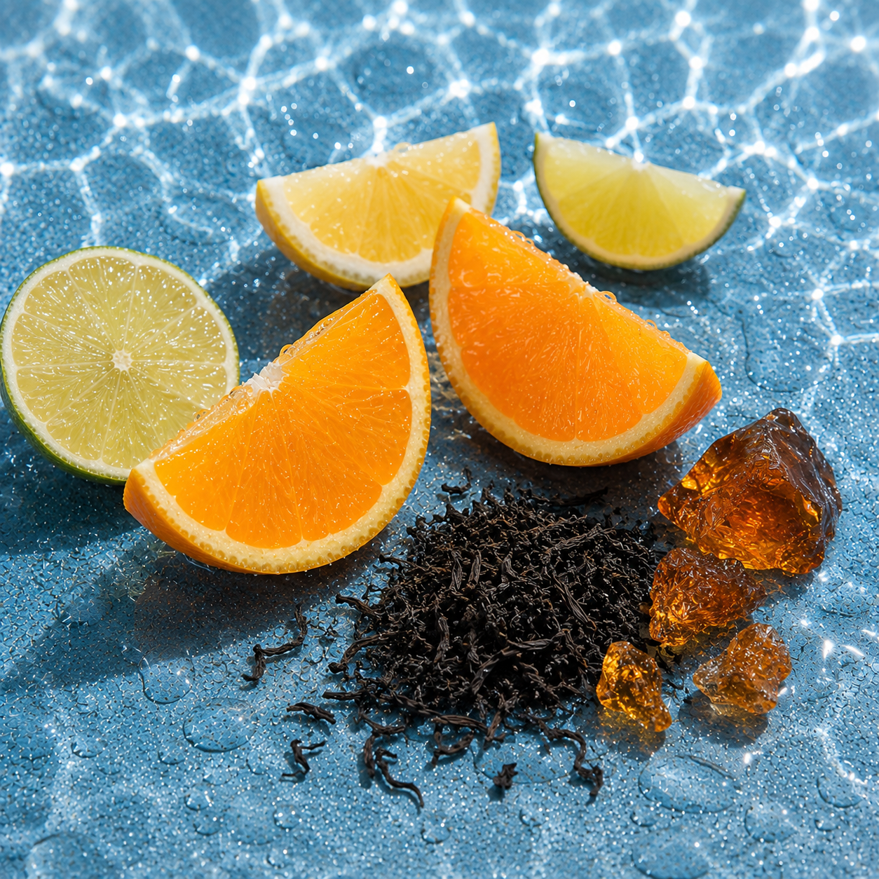 Orangen-, Zitronen- und Limettenscheiben mit schwarzem Tee und Bernsteinharz auf schimmerndem blauen Untergrund, repräsentierend ÉCLAT VIP Black Tea & Citrus Fruits.