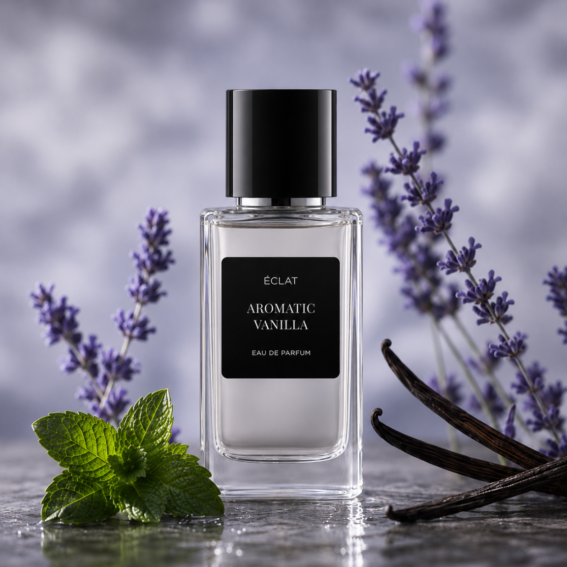 Ein klarer Glasflakon des ÉCLAT Aromatic Vanilla Parfums mit schwarzem Etikett, umgeben von Lavendelstielen, frischen Minzblättern und Vanilleschoten.