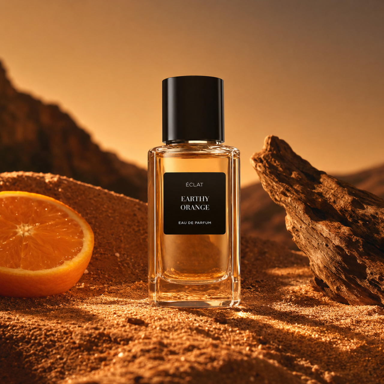 Ein facettierter Glasflakon von ÉCLAT Earthy Orange mit schwarzem Verschluss, auf sandigem Boden neben einer Orangenscheibe und einem Stück Holz vor Bergkulisse.
