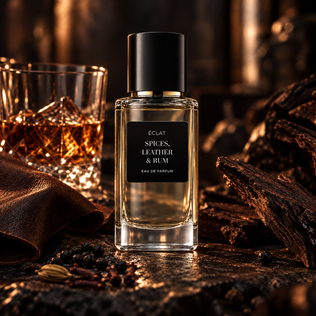 Ein facettierter Glasflakon von ÉCLAT Spices, Leather & Rum mit schwarzem Etikett steht zwischen Gewürzen und einem Glas Whiskey.