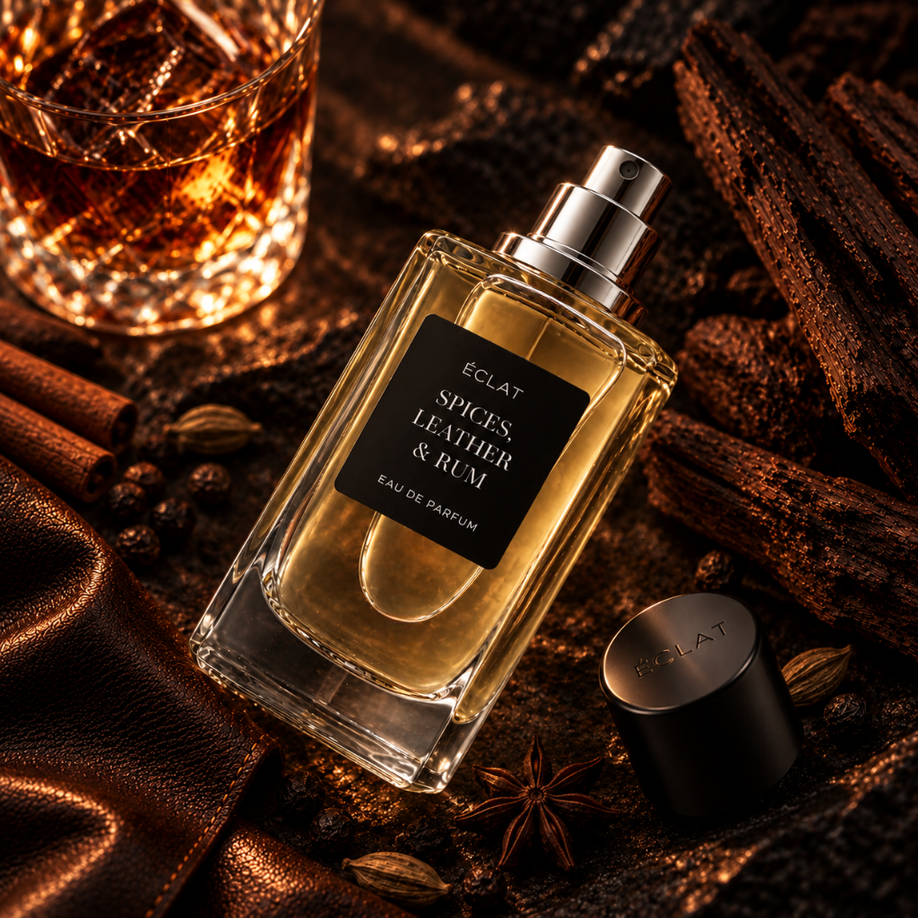 ÉCLAT Spices, Leather & Rum Duft in einem facettierten Glasflakon mit mattem schwarzem Etikett, umgeben von Gewürzen und einem Glas Rum.