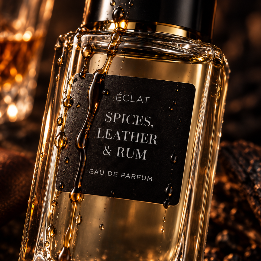 Ein facettierter Glasflakon mit einem schwarzen matten Etikett mit dem Namen ÉCLAT Spices, Leather & Rum, verziert mit Tropfen, und einem goldfarbenen Verschluss.