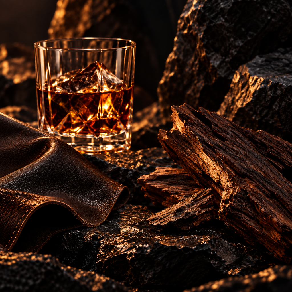 Ein facettierter Glasbecher mit bernsteinfarbener Flüssigkeit zwischen dunklen strukturierten Steinen, edlem Lederstoff und Holzteilen verkörpert die Essenz von ÉCLAT Spices, Leather & Rum.