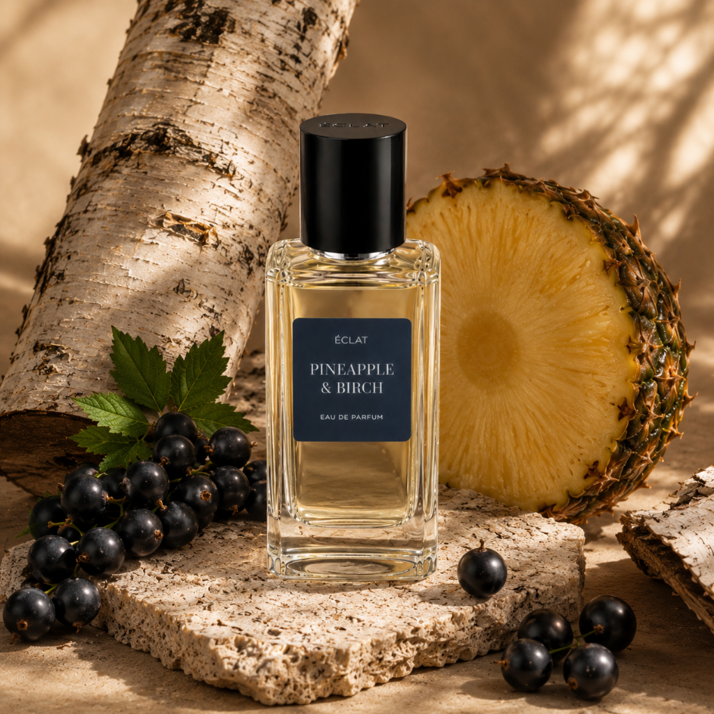 ÉCLAT Pineapple & Birch in einem facettierten Glasflakon mit schwarzem Verschluss, arrangiert vor Birkenrinde, Ananas und Schwarzer Johannisbeere.