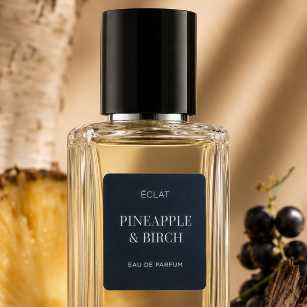 ÉCLAT-Pineapple-&-Birch-Duftflakon mit facettiertem Glasflakon und elegantem schwarzen Verschluss, vor einem Hintergrund aus Birke, Ananas und Beeren.