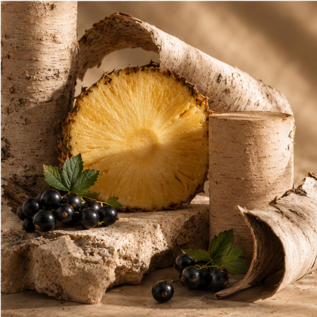 Eine halbierte Ananas, Birkenrinde und schwarze Johannisbeeren sind elegant arrangiert.