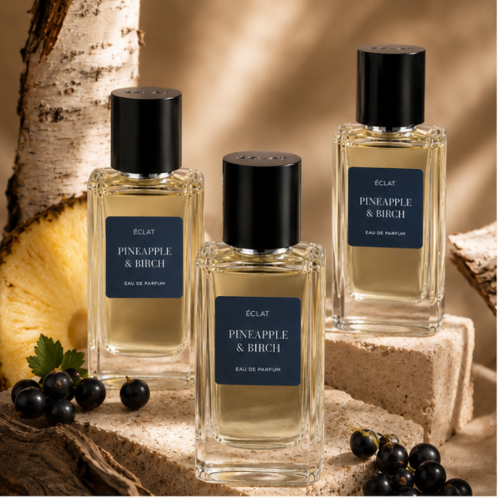 Drei facettierte Glasflakons von ÉCLAT Pineapple & Birch mit schwarzen Verschlüssen, umgeben von Ananasscheiben und schwarzen Johannisbeeren.