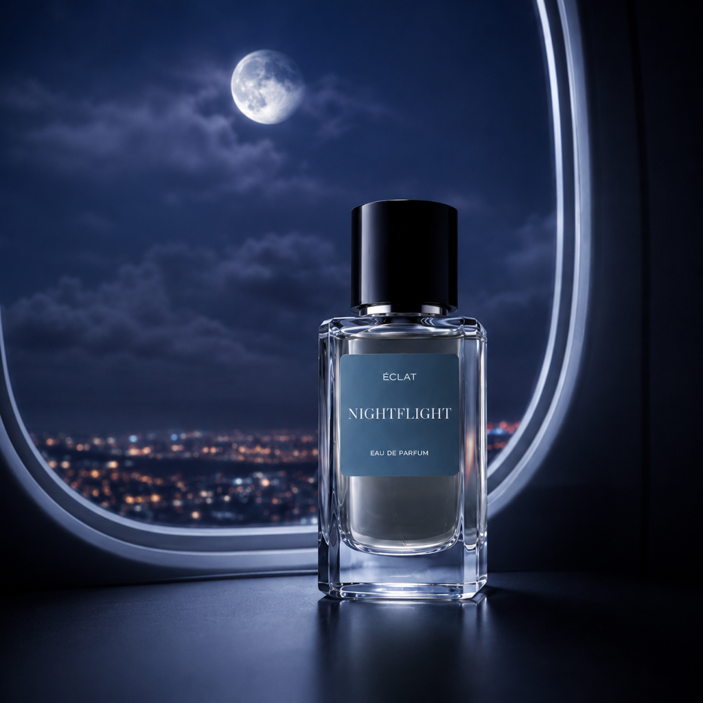 Facettierter Glasflakon von ÉCLAT Nightflight mit schwarzem Verschluss vor einem Flugzeugfenster mit Stadtansicht und mondbeschienem Himmel.