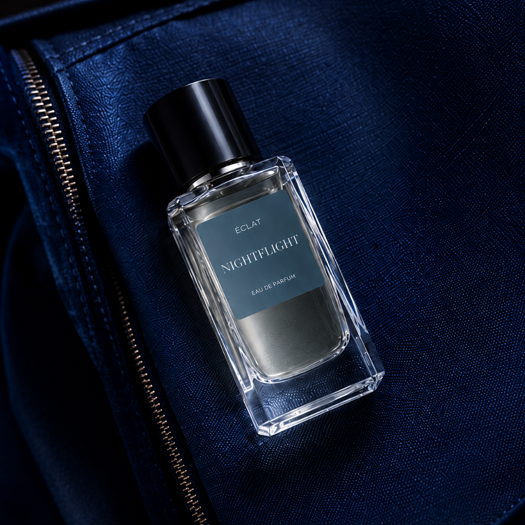 Ein klarer Glasflakon mit blauem Etikett und dunklem Verschluss, ÉCLAT Nightflight, liegt auf strukturiertem blauem Stoff.