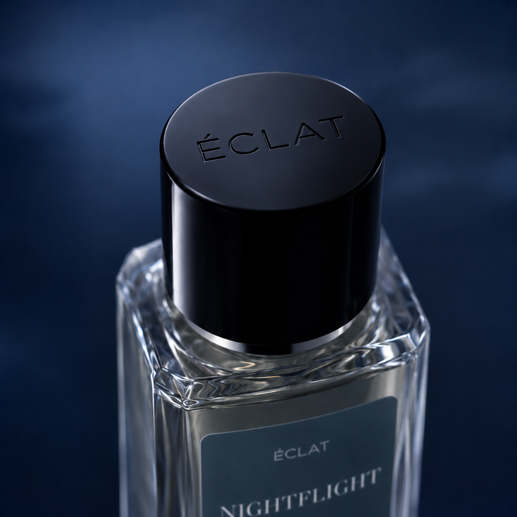 Der ÉCLAT Nightflight Duft in einem facettierten Glasflakon mit satiniertem, dunklem Verschluss vor blauem Hintergrund.