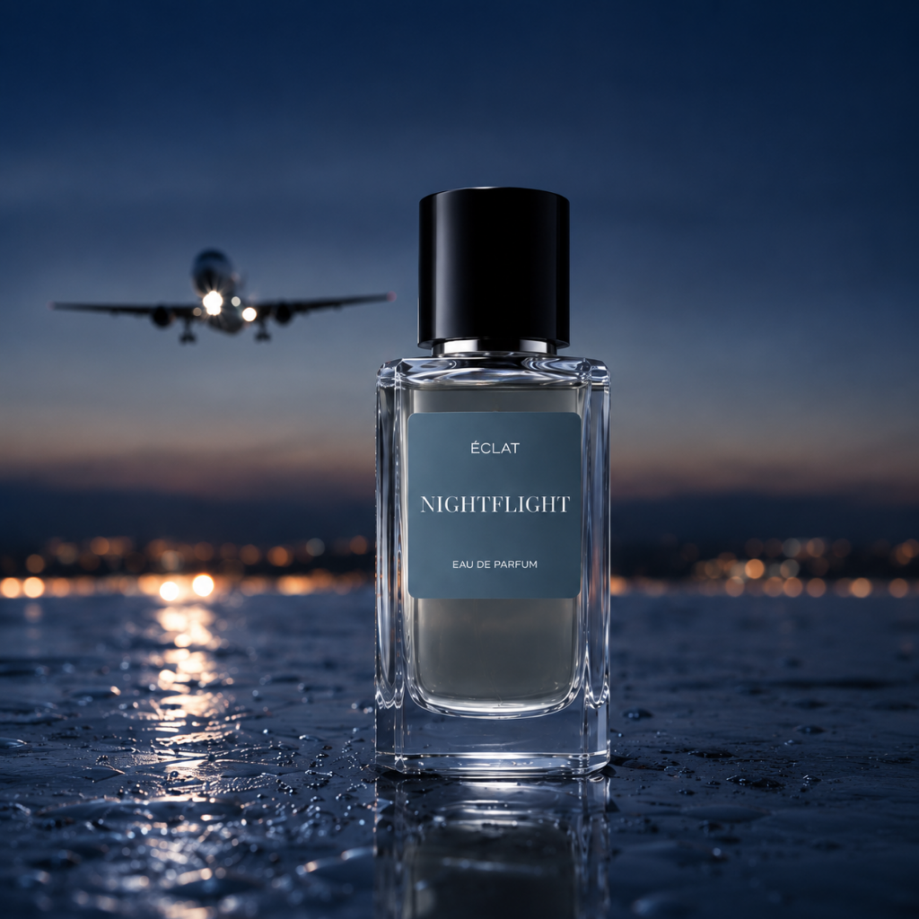 ÉCLAT NIGHTFLIGHT Eau de Parfum in einem facettierten Glasflakon mit schwarzer Kappe vor dramatischem Nachthimmel mit Flugzeug.