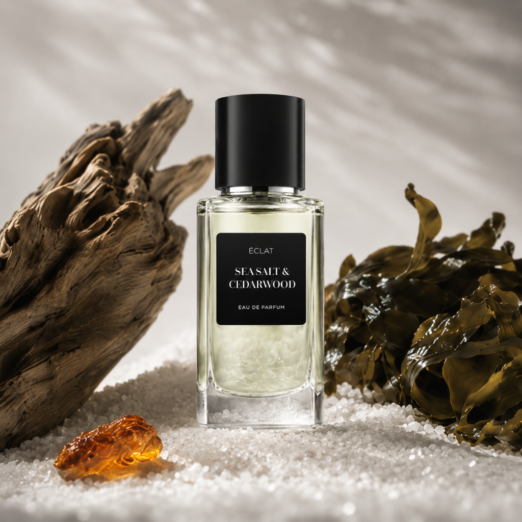 ÉCLAT Sea Salt & Cedarwood in einem klaren Glasflakon mit schwarzem Verschluss, umgeben von Treibholz, Seetang und Bernstein auf weißem Sand.